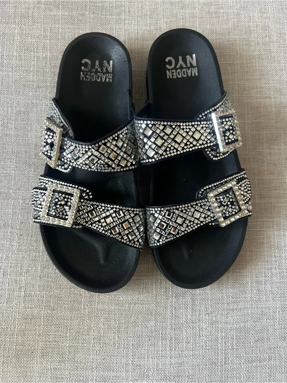 Madden NYC Girls' 2 Black Jeweled Double-Buckle casual princess Slide Sandals